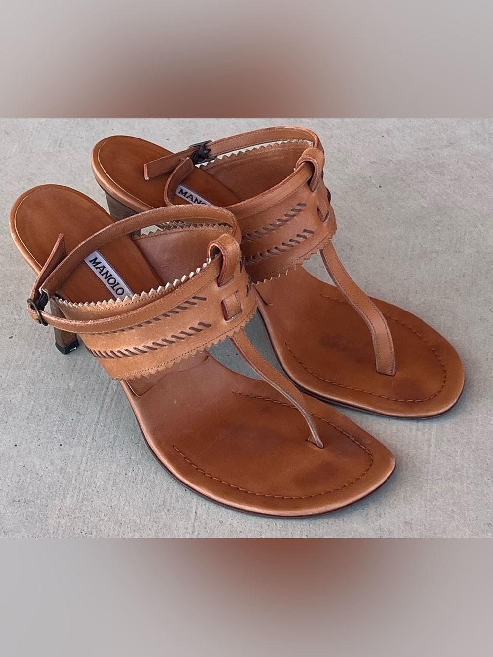 Manolo Blahnik Vintage Y2K Cognac Leather T-Strap Stiletto Heels Sandals EU 38